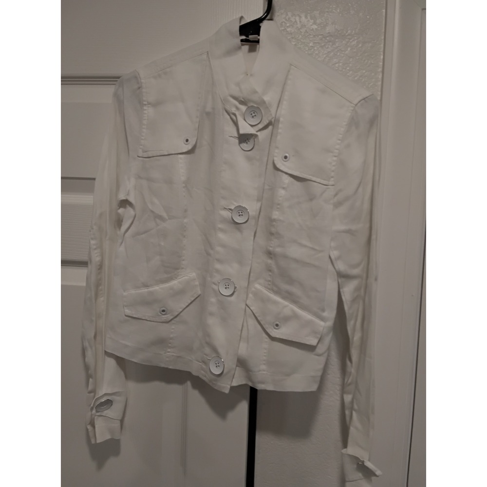 Cabi White Linen Blend Cropped Jacket Blazer Button Front Collarless XS